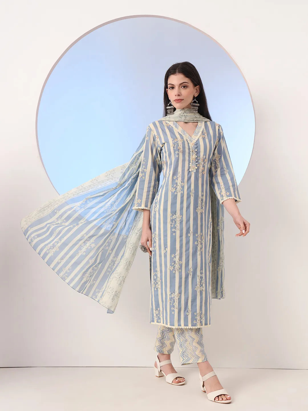 Blue And Cream Striped Straight Thread Work Kurta And Trouser With Dupatta Set
