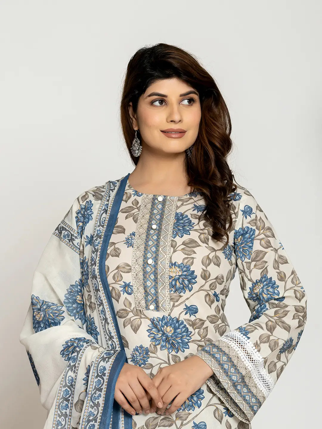 Blue And Off White Cotton Pakistani Style Kurta Dupatta Set