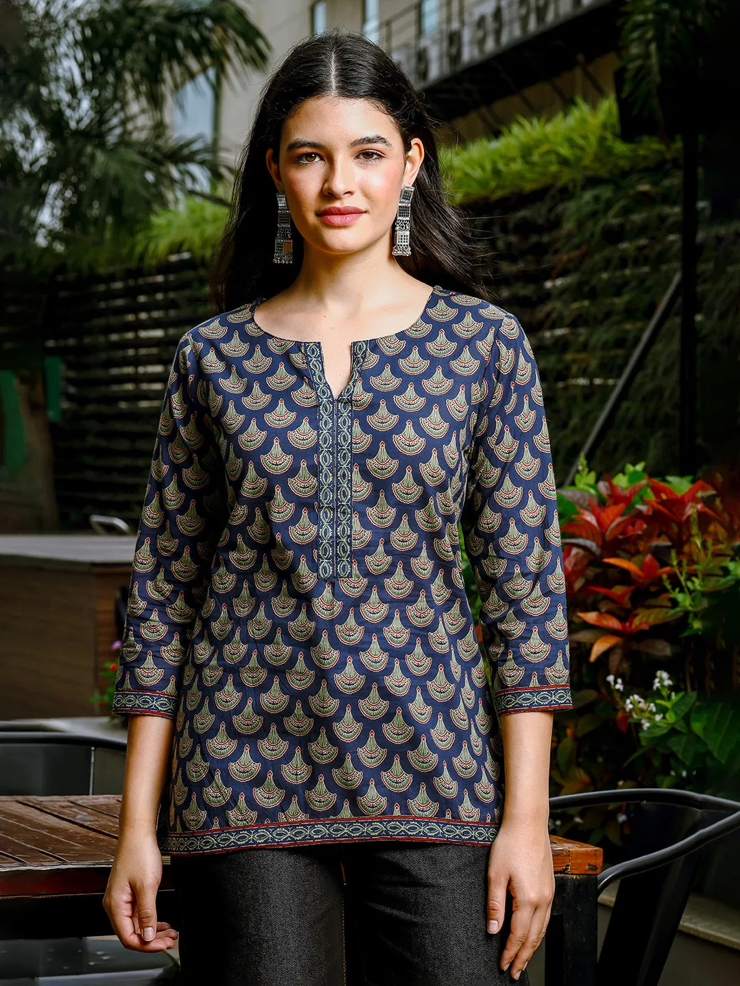 Blue Cotton Abstract Print Regular Top