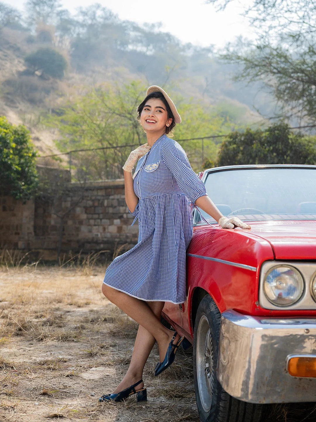 Blue Cotton Check Short Dress
