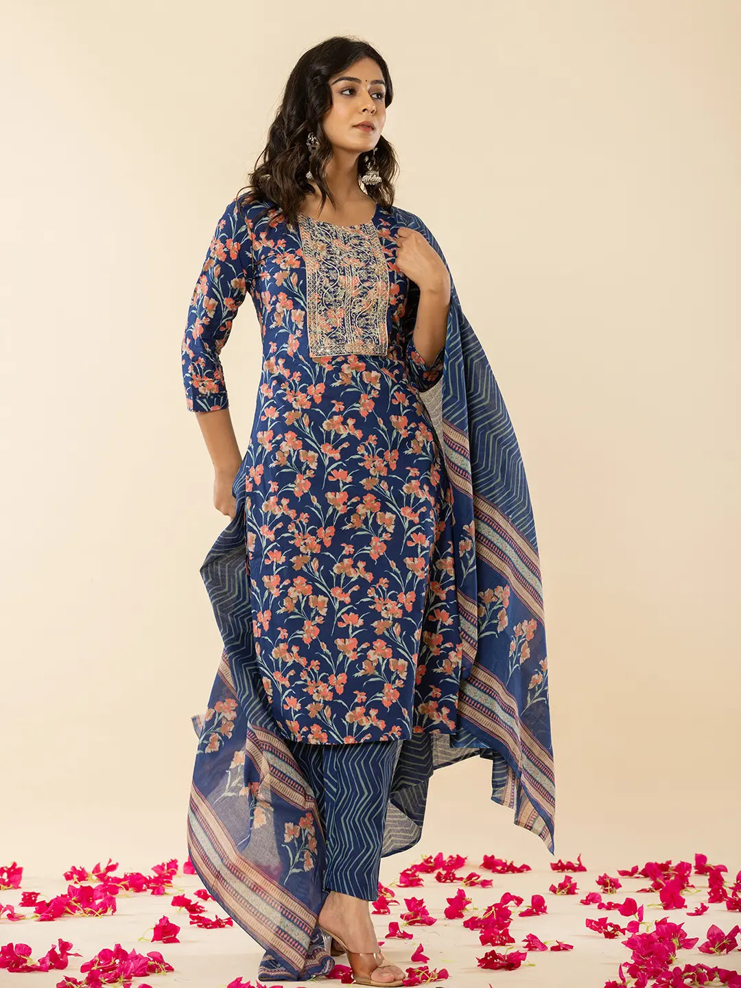 Blue Cotton Dori Embroidery Straight Kurta Dupatta Pant Set