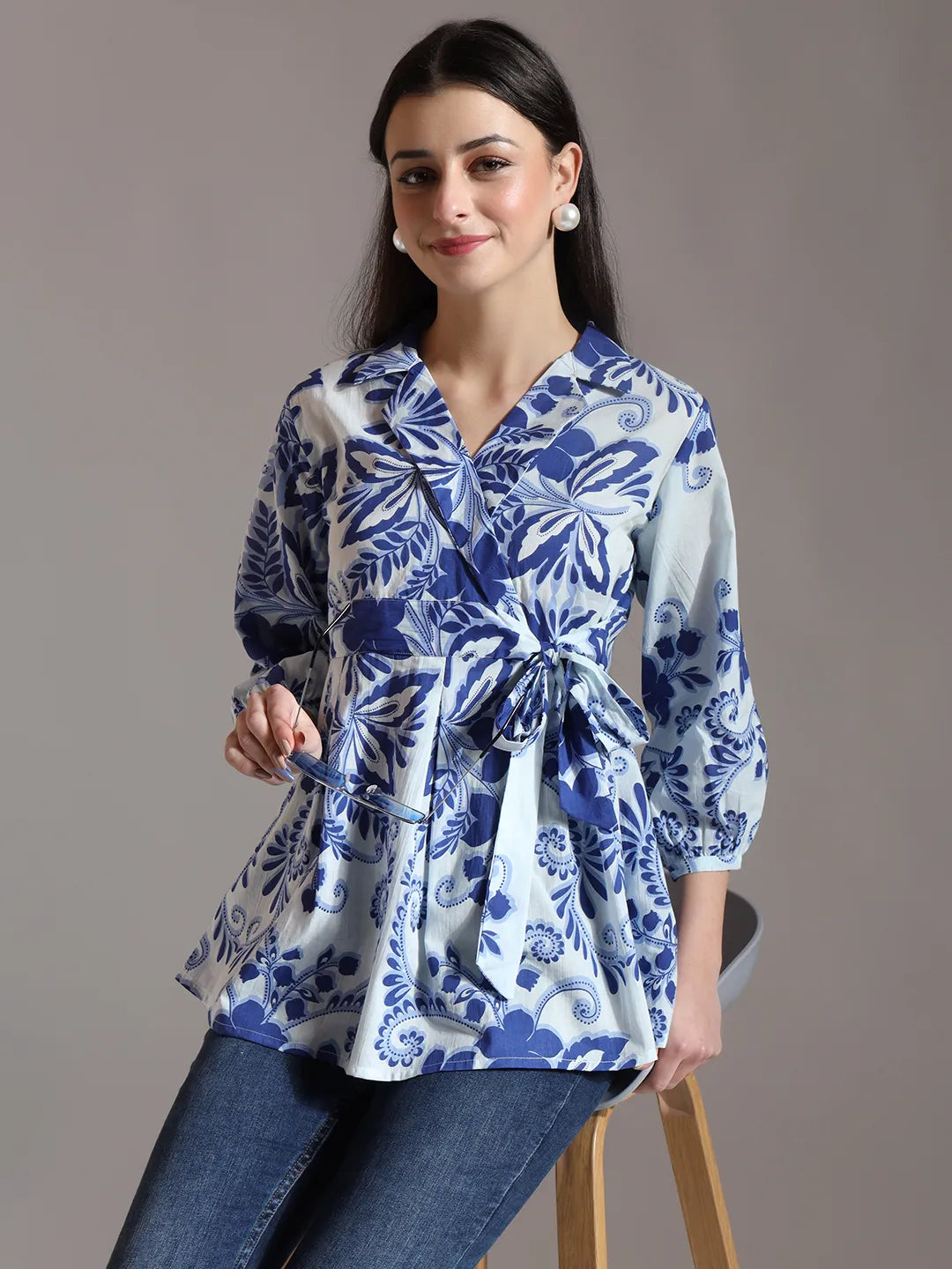Blue Cotton Peplum Top