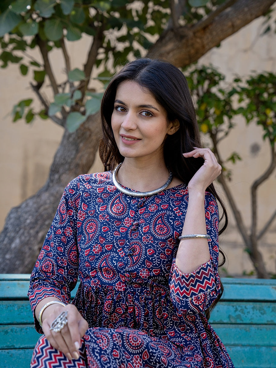 Blue Cotton Printed Gathered Kurta Set With Front Slit