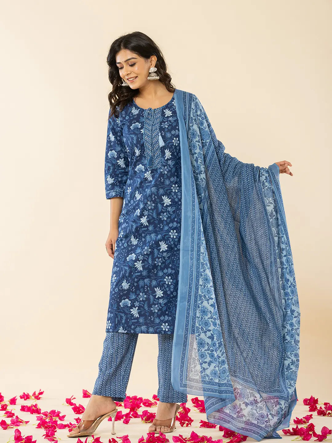 Blue Cotton Sequins Work Straight Kurta Dupatta Set