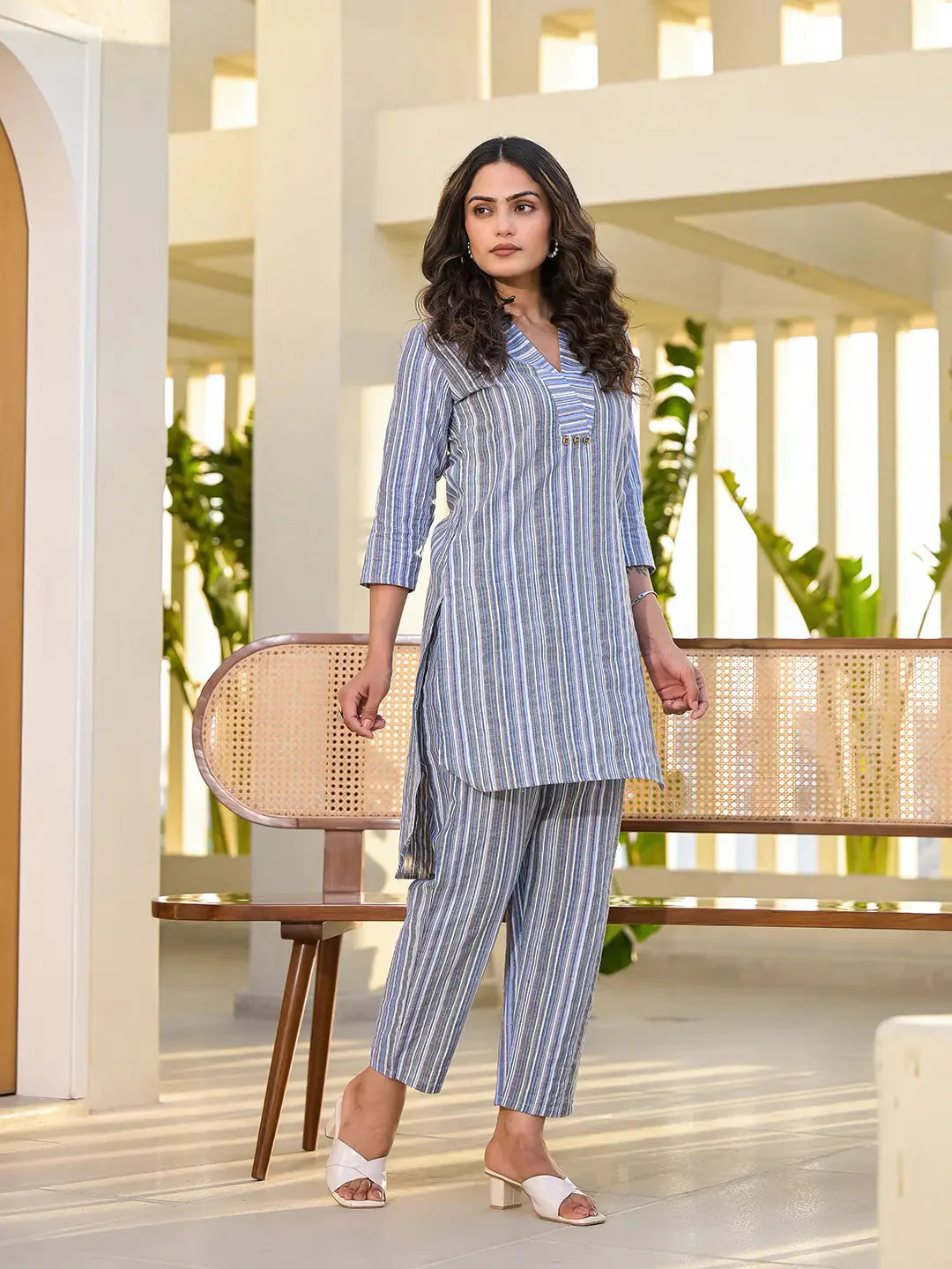Blue Cotton Striped Print Co Ord Set