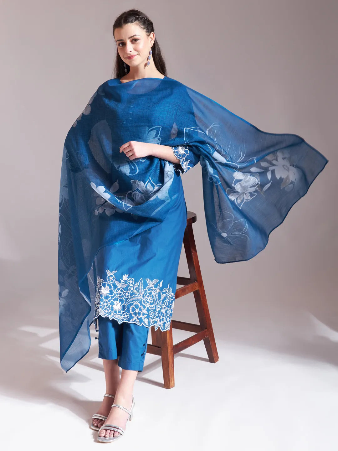 Blue Embroidered Straight Kurta Trouser Dupatta Set