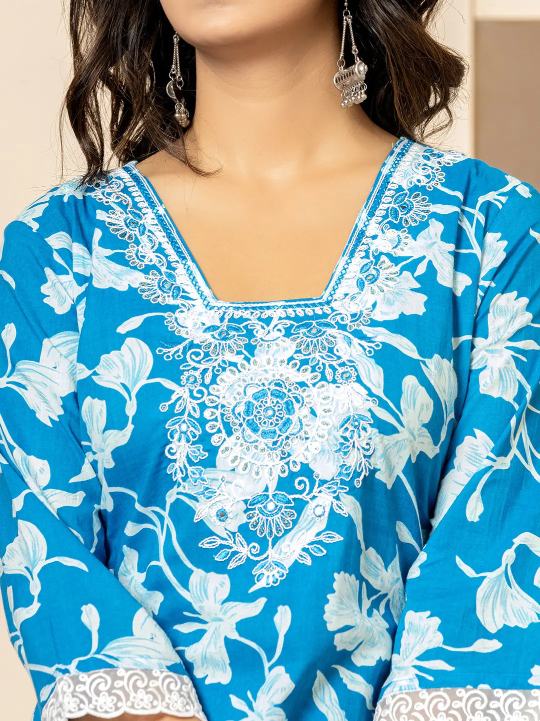 Blue Embroidery Cotton Straight Kurta Dupatta Set