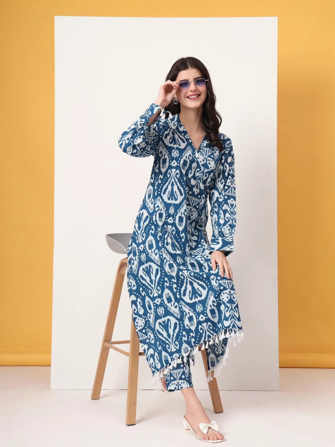 Blue Ikat Pure Cotton High Low Cord Set