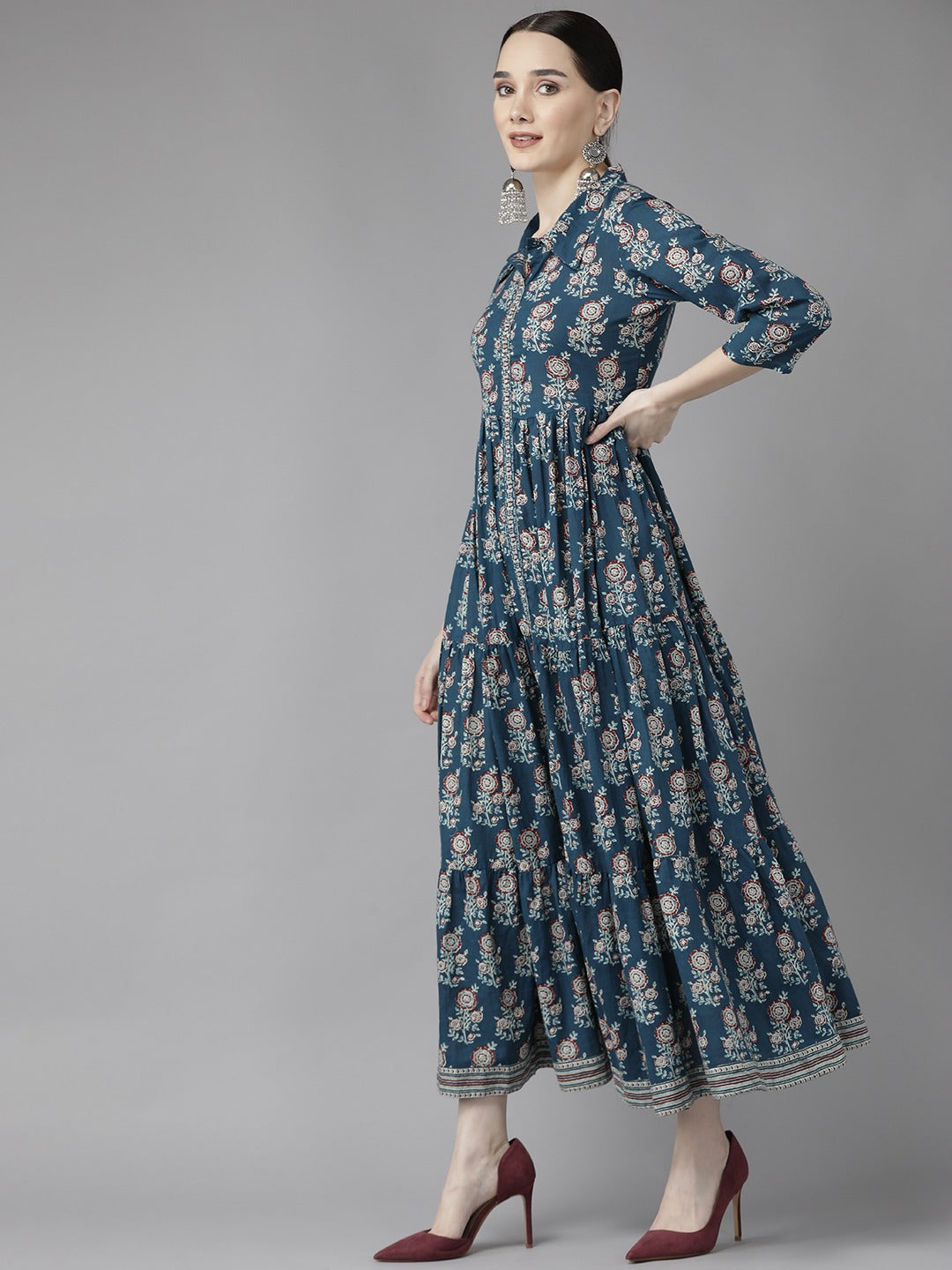 Blue Print Cotton Maxi Dress