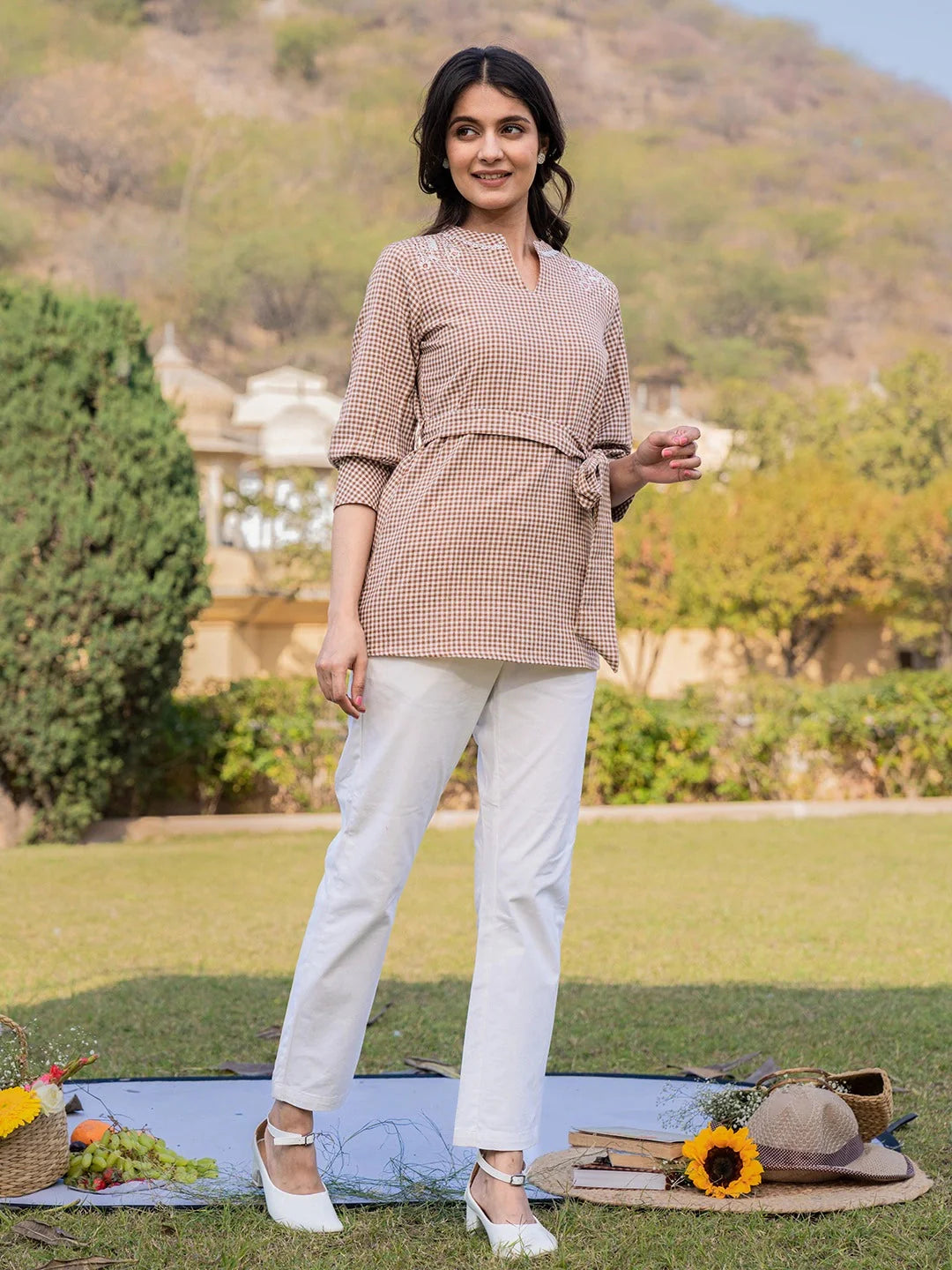 Brown Cotton Checks Embroidery Top