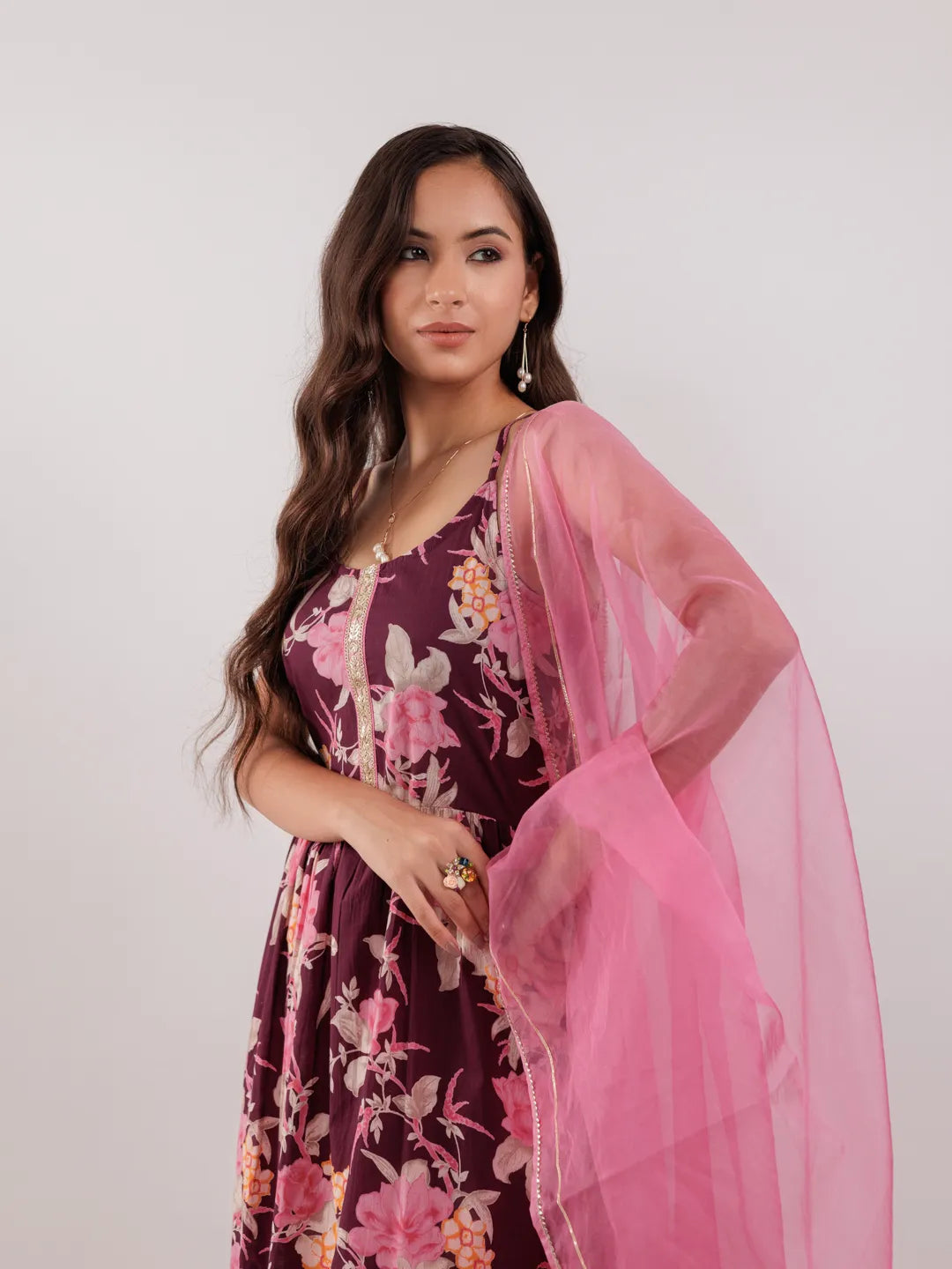 Burgundy Floral Print Cotton Fit And Flare Kurta Trouser & Dupatta Set