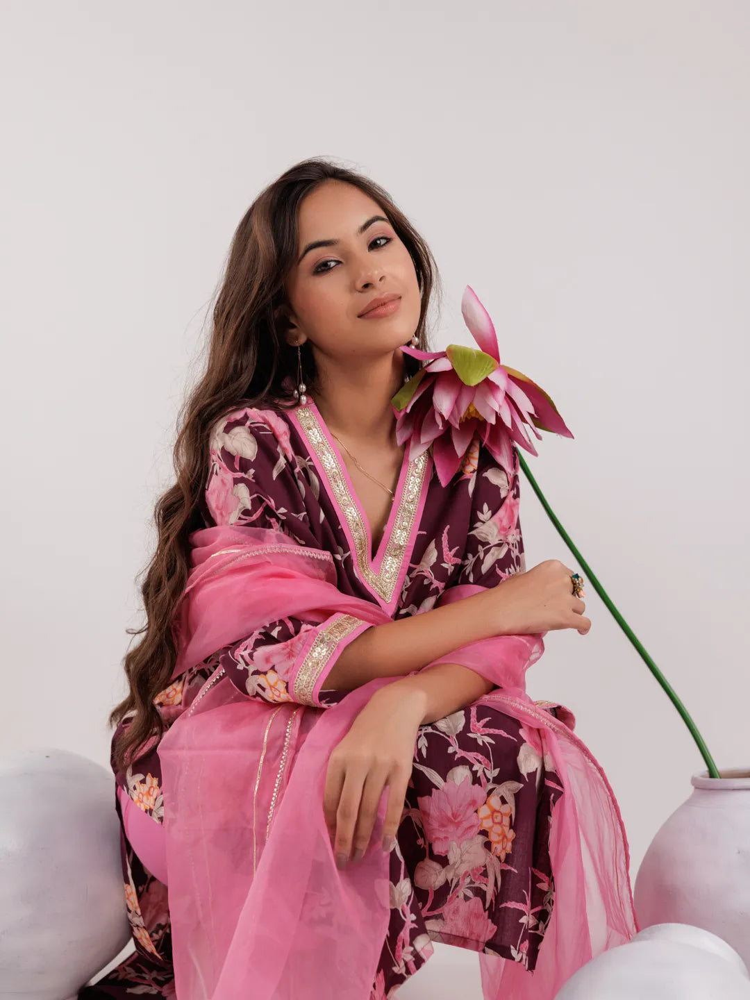 Burgundy Floral Print Cotton Straight Kurta Trouser With Dupatta Set