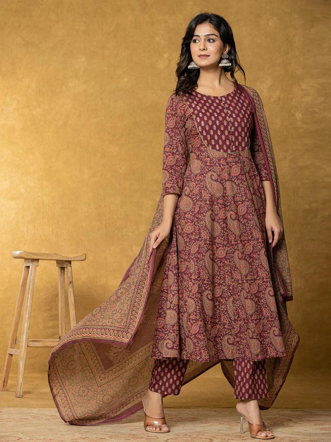 Burgundy Sequins Work Cotton Anarkali Kurta Dupatta Set
