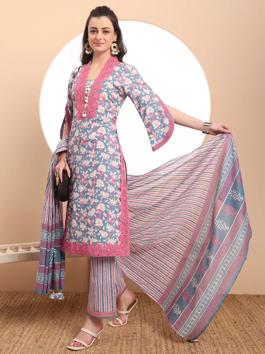 Cotton Blue Kurta Dupatta Set With Lace Detailing