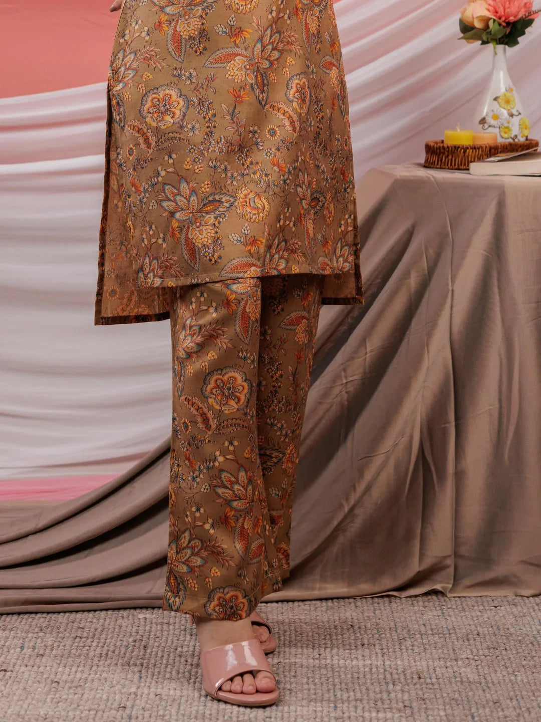 Cotton Brown Digital Printed Work Wear Co Ord Set With Pintuck Detailing On Sleeves