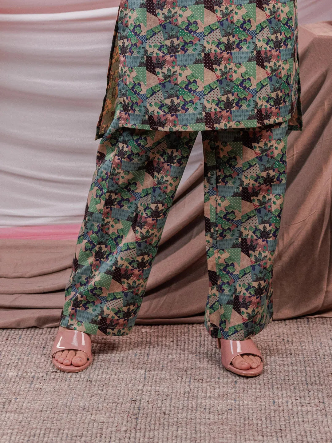 Cotton Green Digital Print Workwear Kurta Co Ord Set With Pintuck Detailing On Sleeves