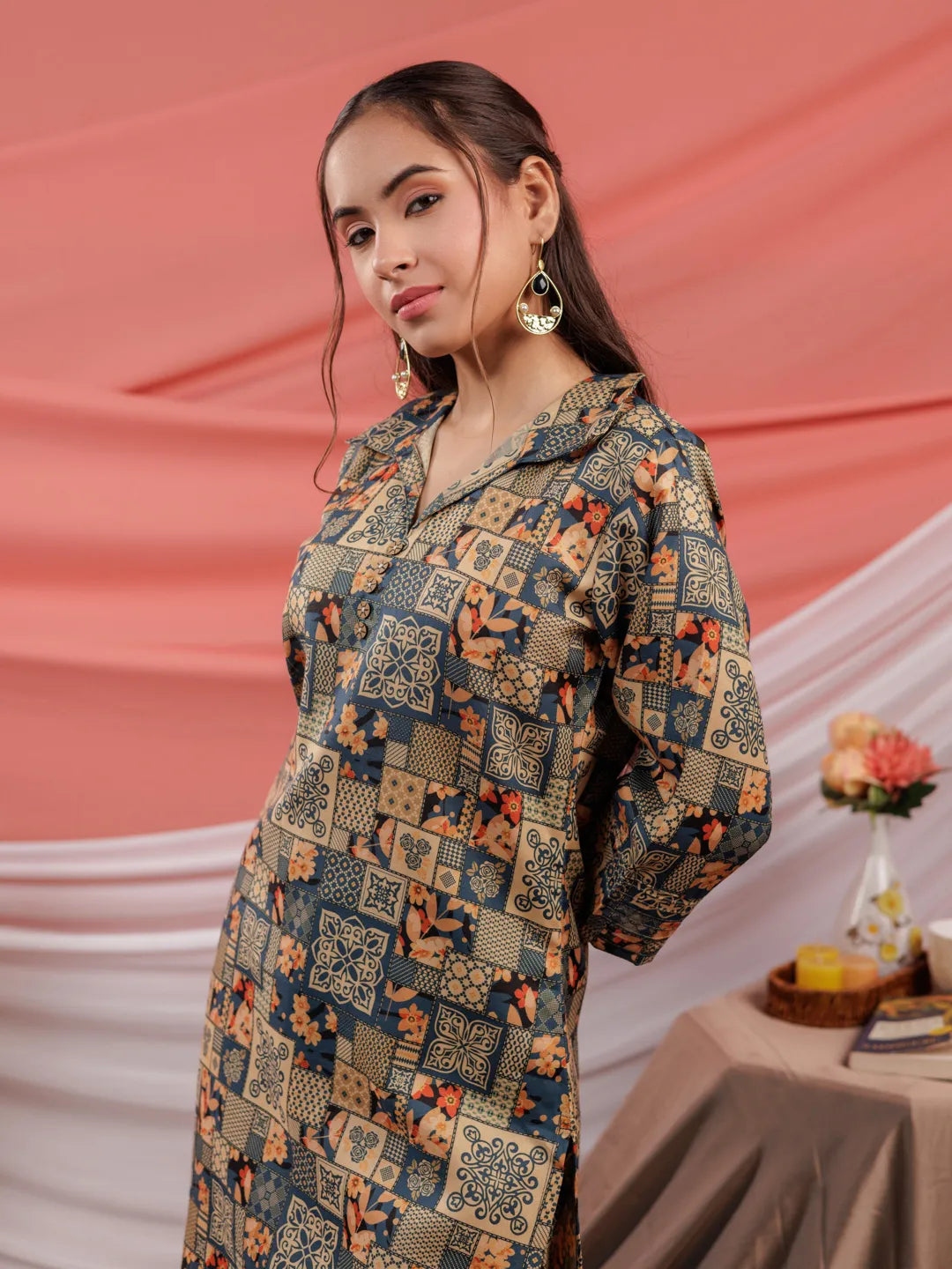 Cotton Green Digital Printed Workwear Co Ord Set With Pintuck Detailing On Sleeves