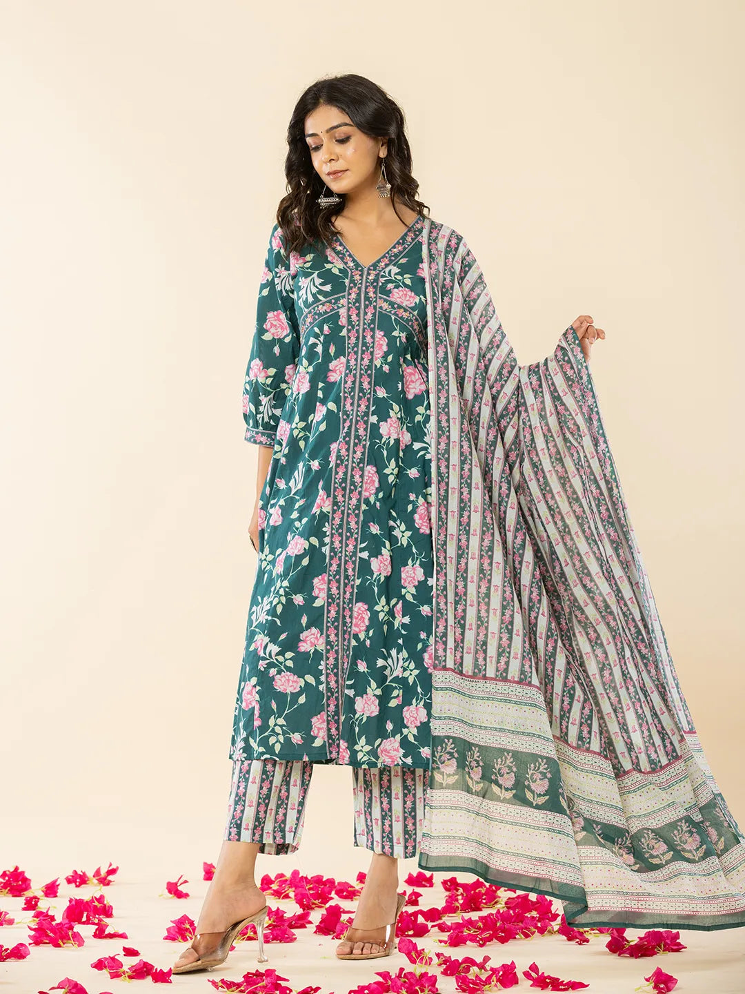 Cotton Green Sequins Work Anarkali Kurta Dupatta Set