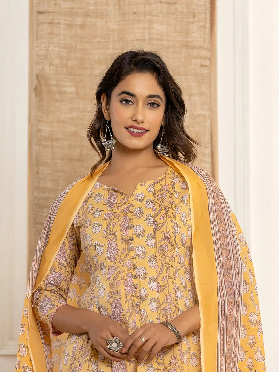 Cotton Mustard Anarkali Kurta Dupatta Set