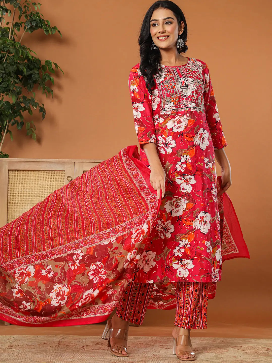 Cotton Pink Embroidered Kurta Dupatta Set
