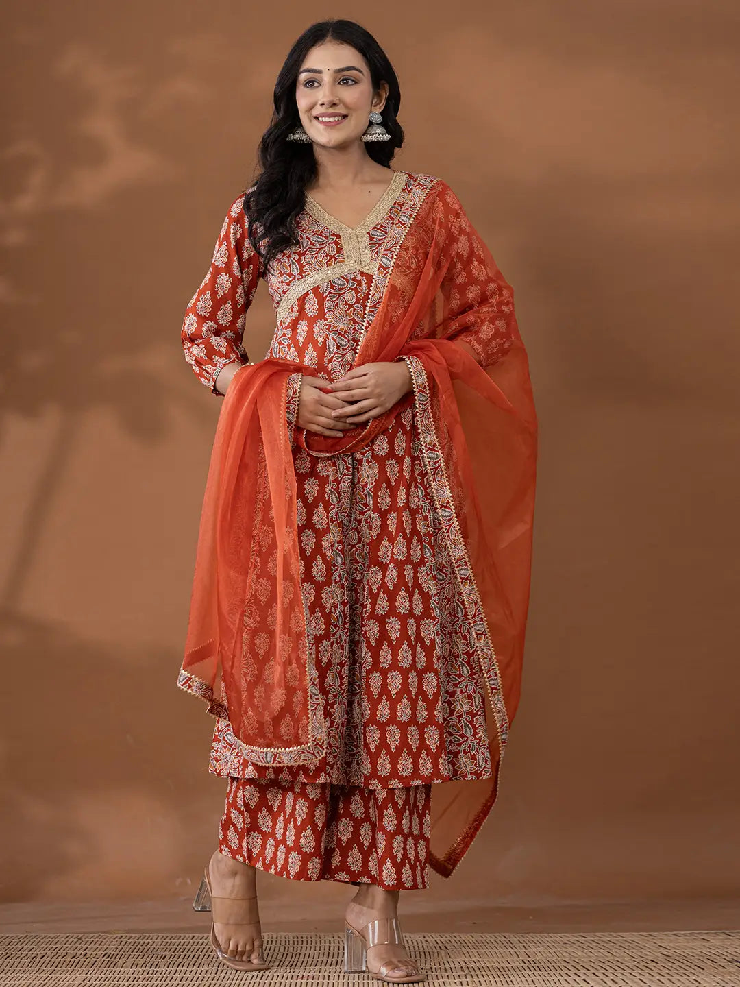 Cotton Rust Anarkali Ethnic Motifs Kurta Dupatta Set