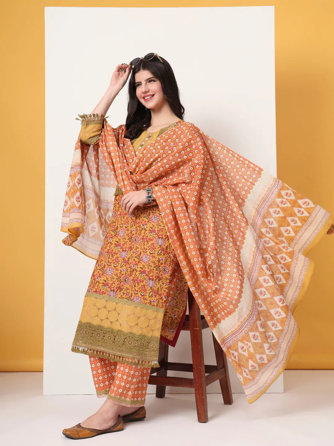 Cotton Yellow Kurta Dupatta Set With Lace Detailing