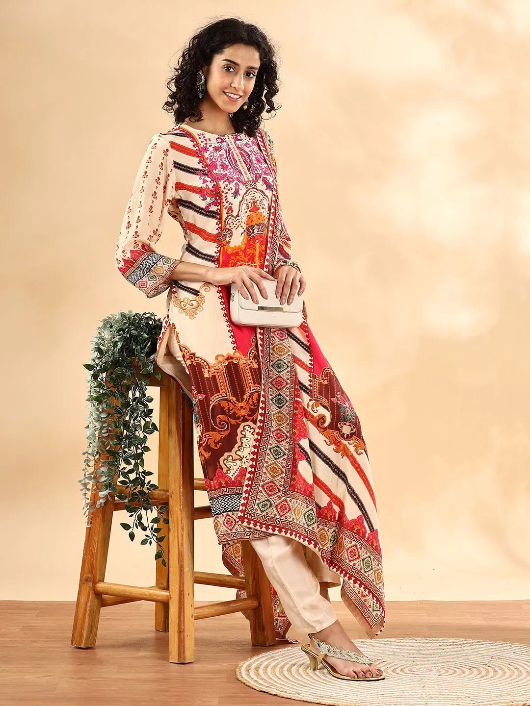 Cream And Pink Silk Crepe Sequins Work Straight Kurta Dupatta Pant Set