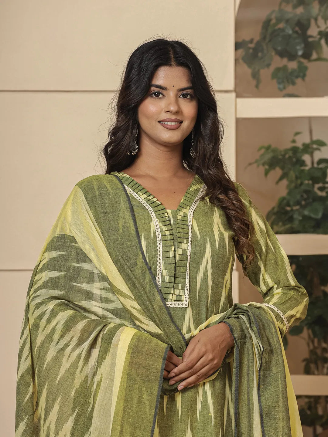Dark Green Ikat Print Straight Strappy Kurta Trouser And Dupatta Set