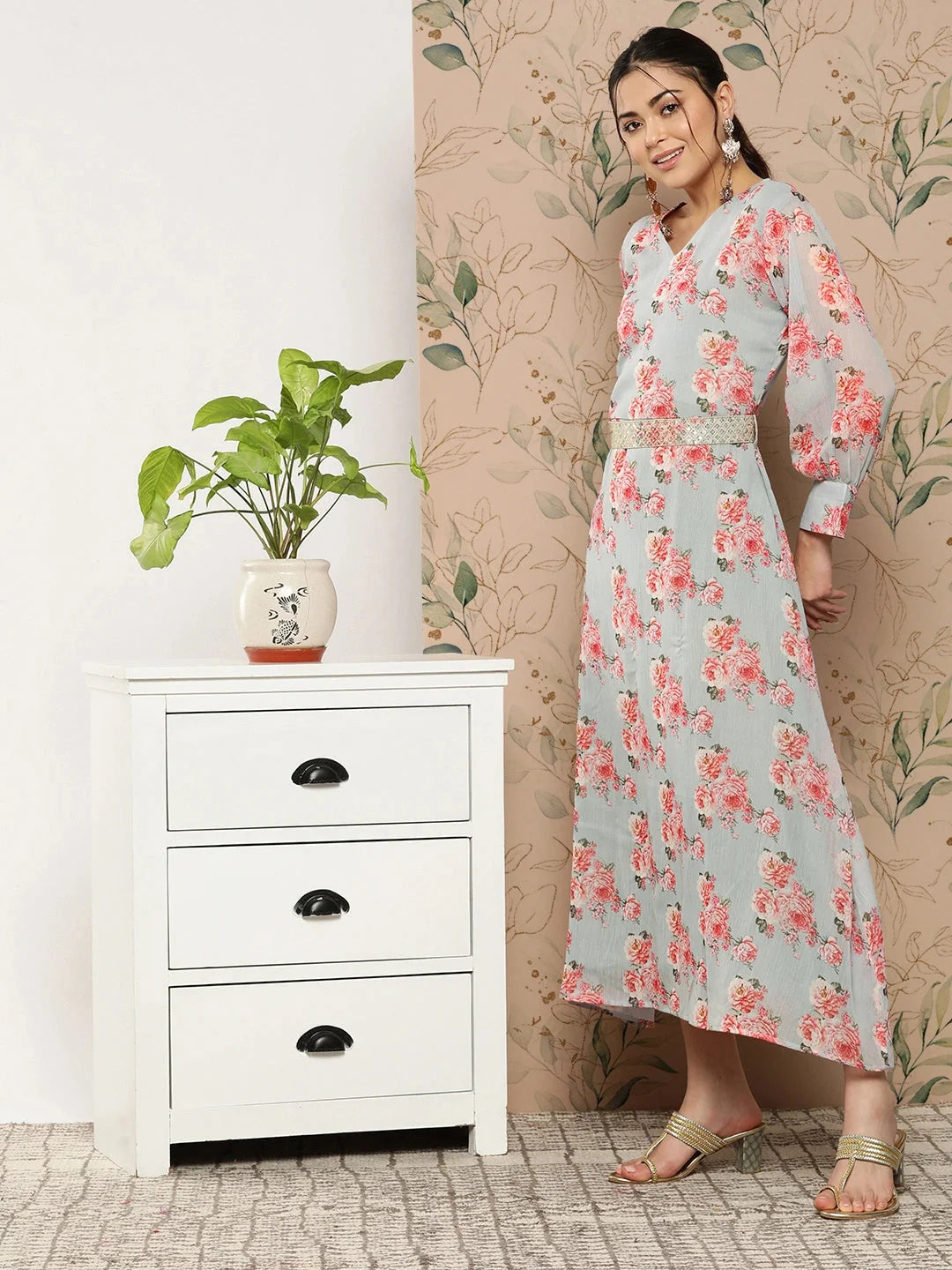 Floral Chiffon A Line Midi Dress