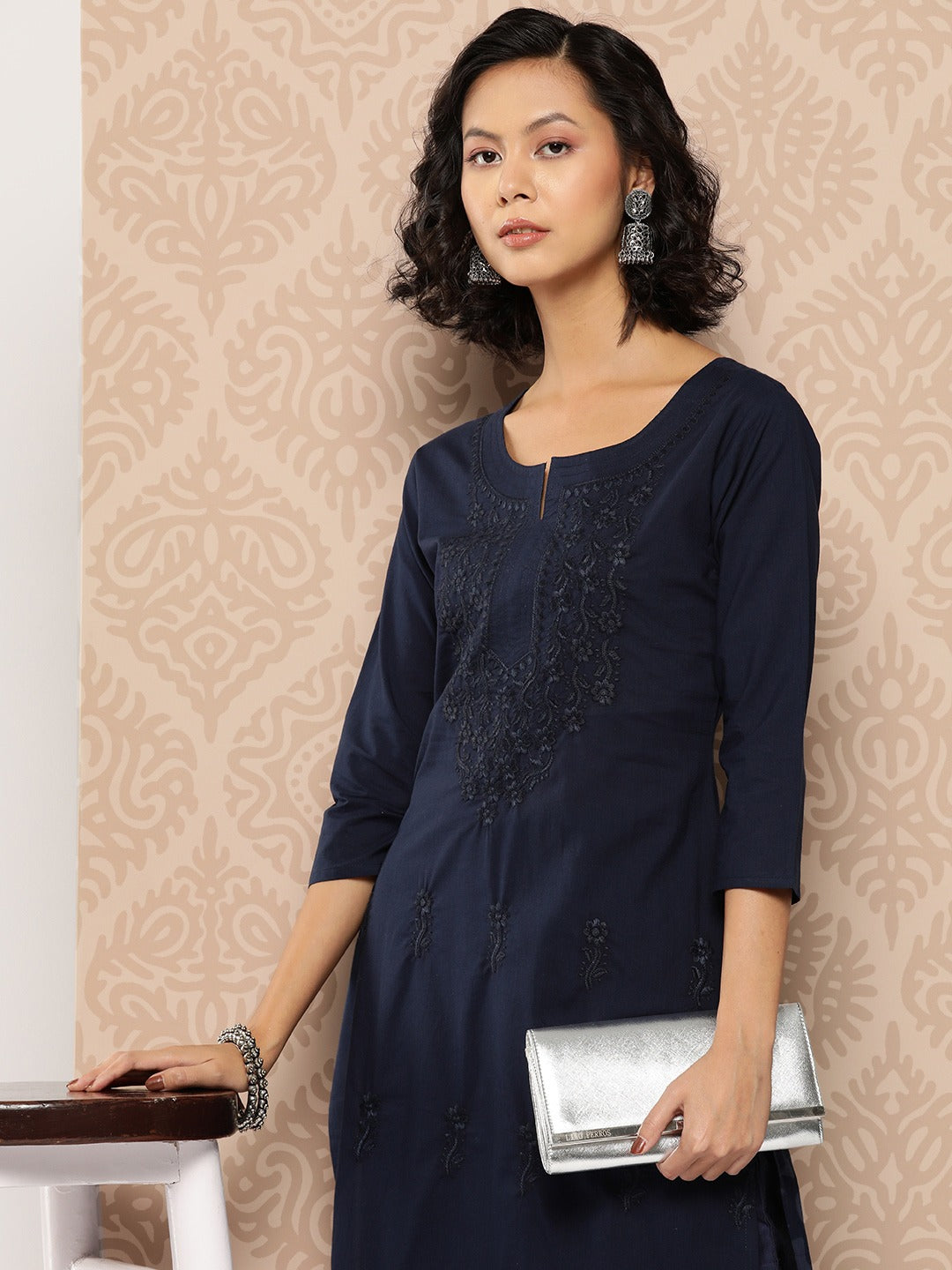 Women's Navy Cotton Floral Embroidered Chikankari Cotton Kurta by Yufta, suitable for wholesale buyers, boutiques, retailers, resellers and bulk fashion orders from Trendphoria