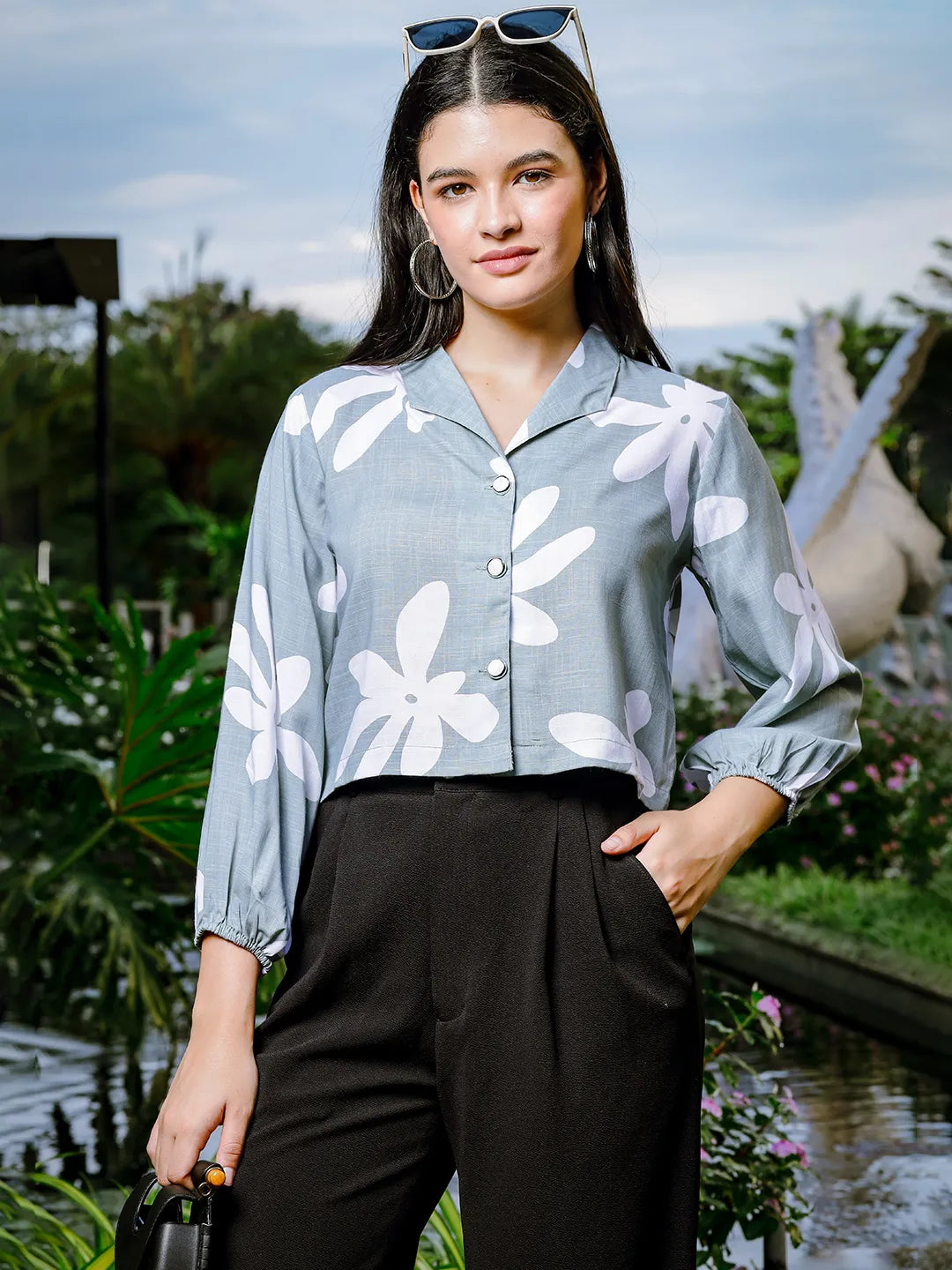 Green Cotton Linen Bishop Sleeve Shirt Style Top