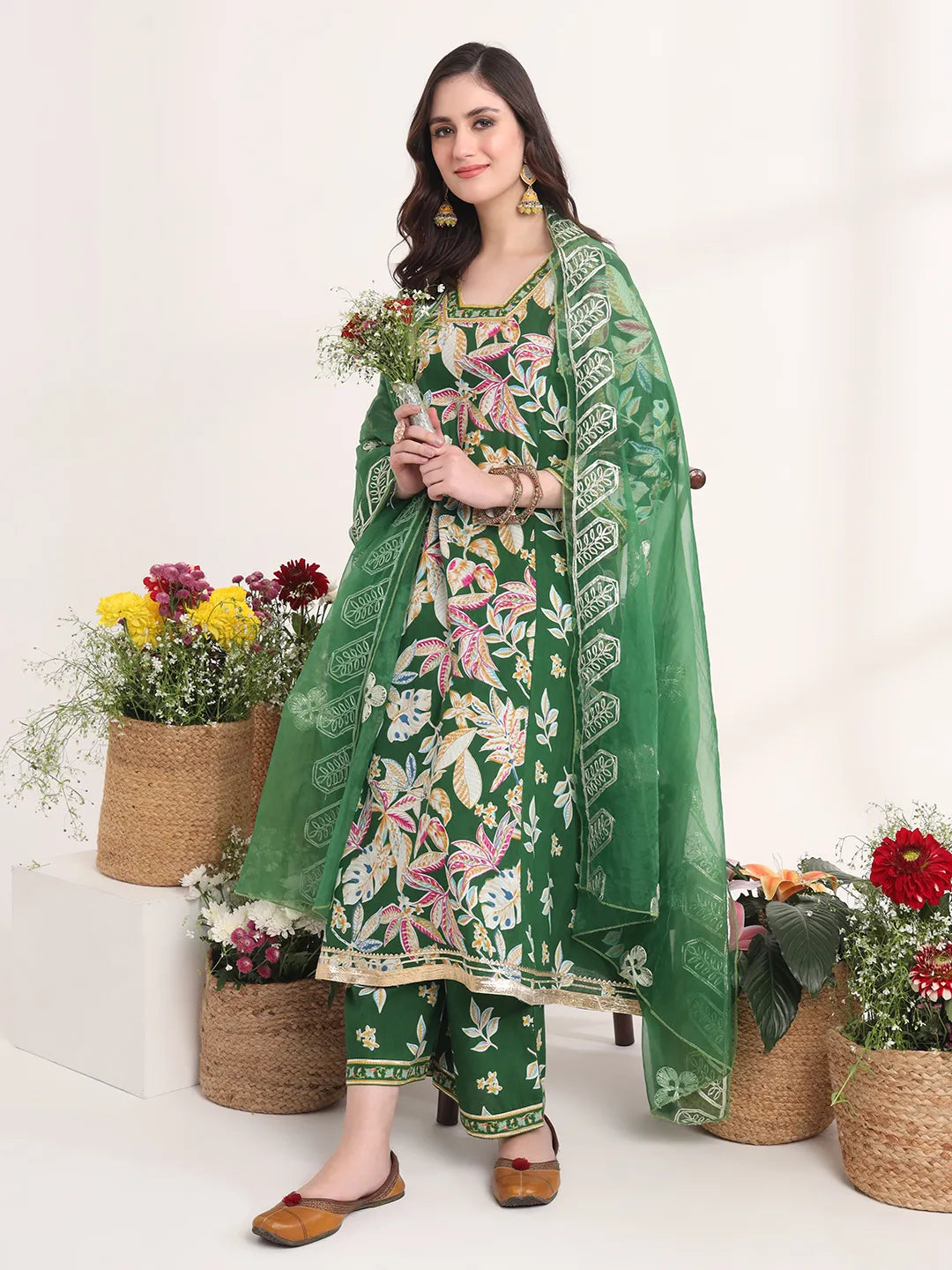 Green Floral Print A-Line Kurta Trouser And Dupatta Set