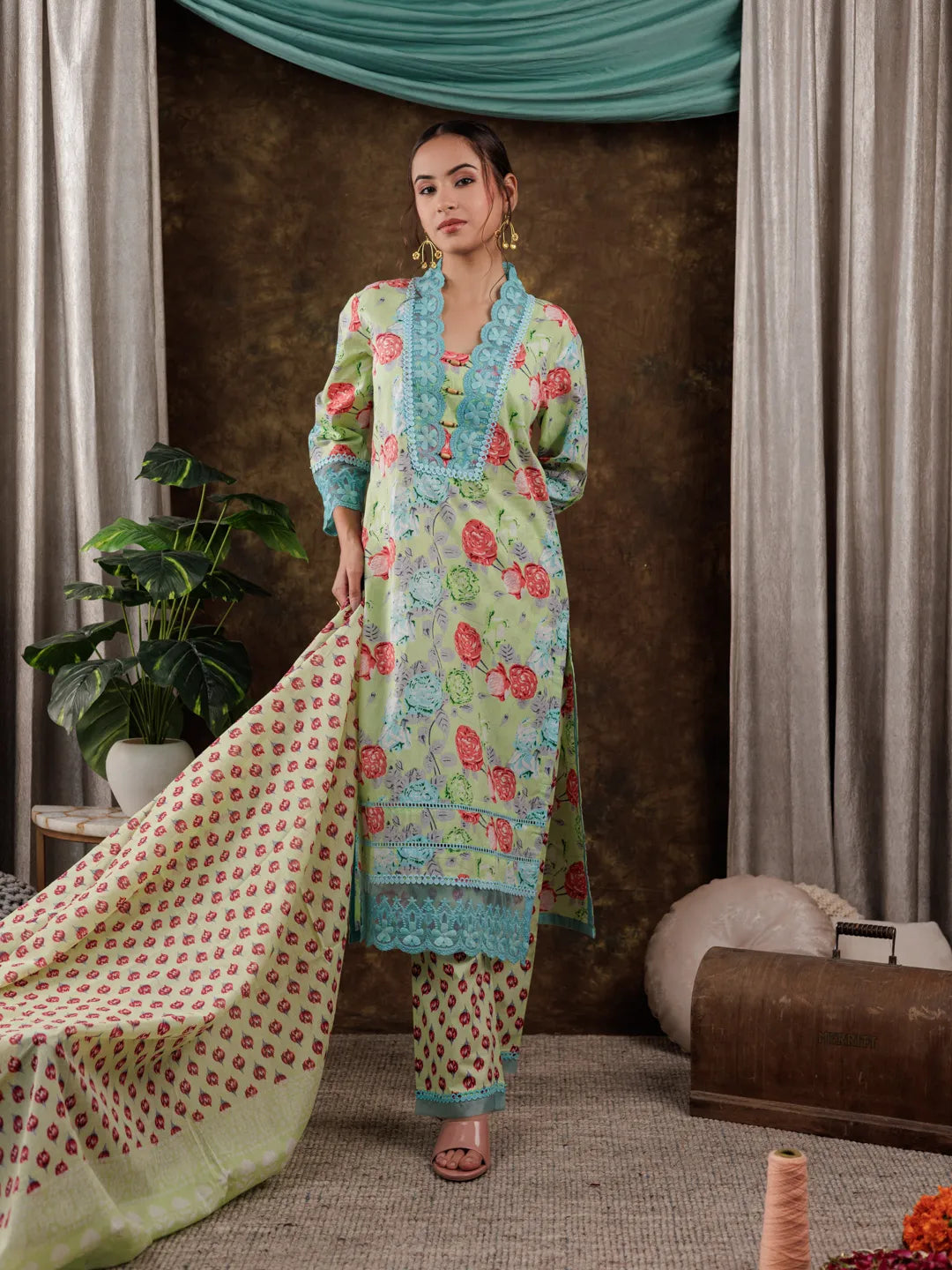 Green Floral Print Pure Cotton Beads Straight Kurta Dupatta Set With Lace Detailing