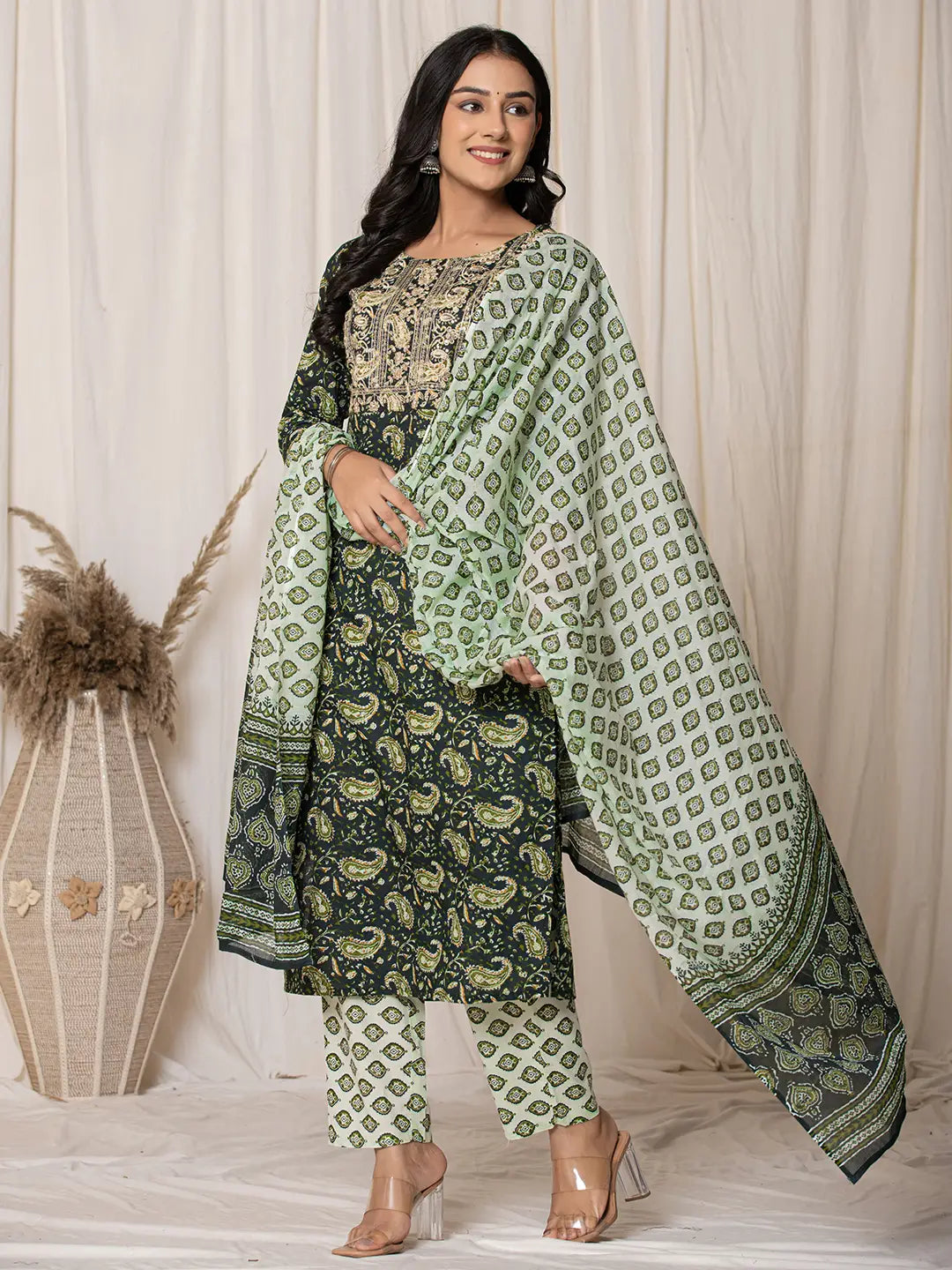 Green Paisley Pure Cotton Straight Kurta And Trouser With Dupatta Set