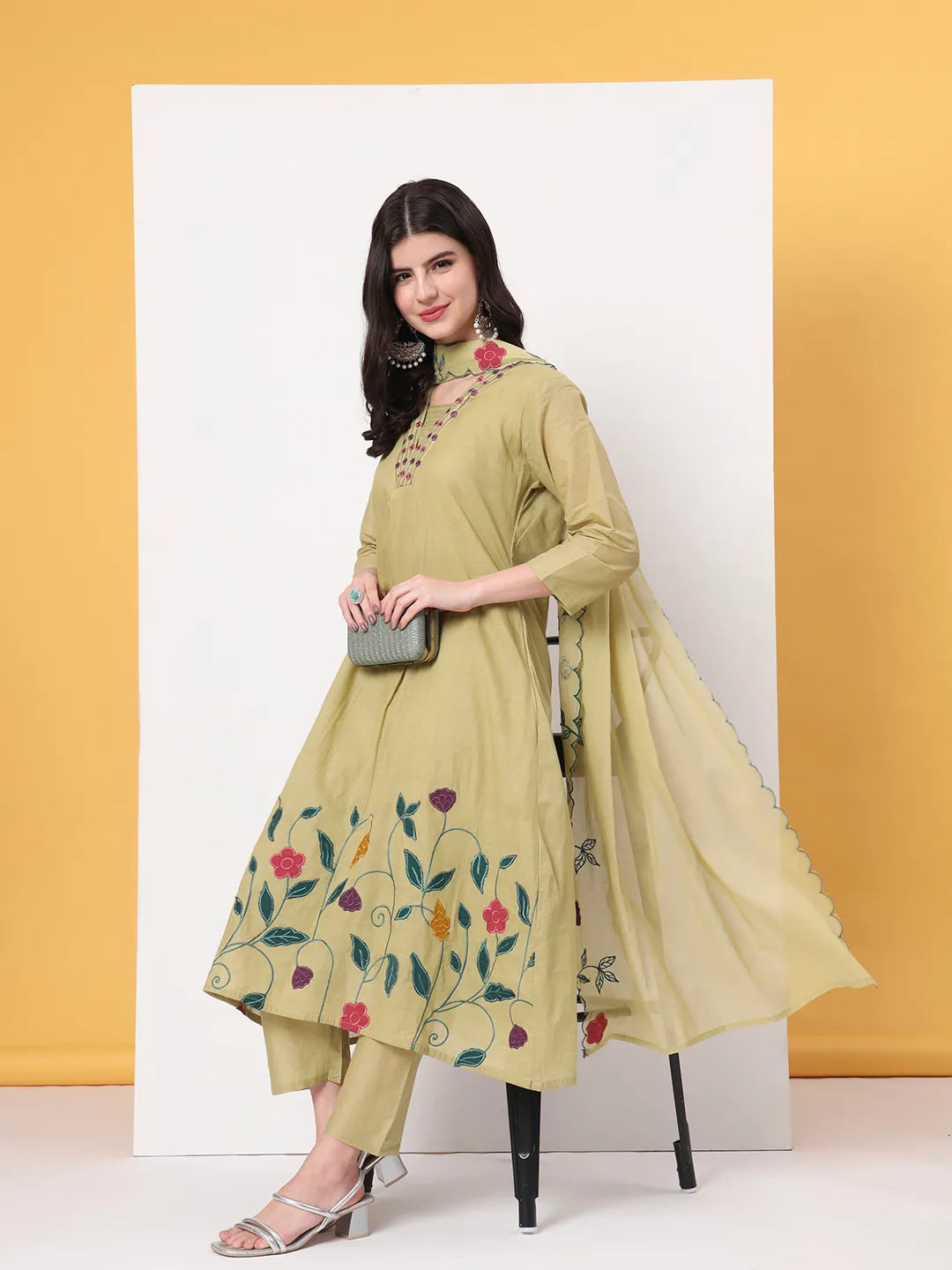 Green Pure Cotton A-Line Thread Work Kurta Dupatta Set