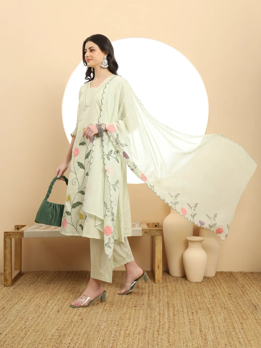 Green Pure Cotton A-Line Thread Work Kurta Dupatta Set