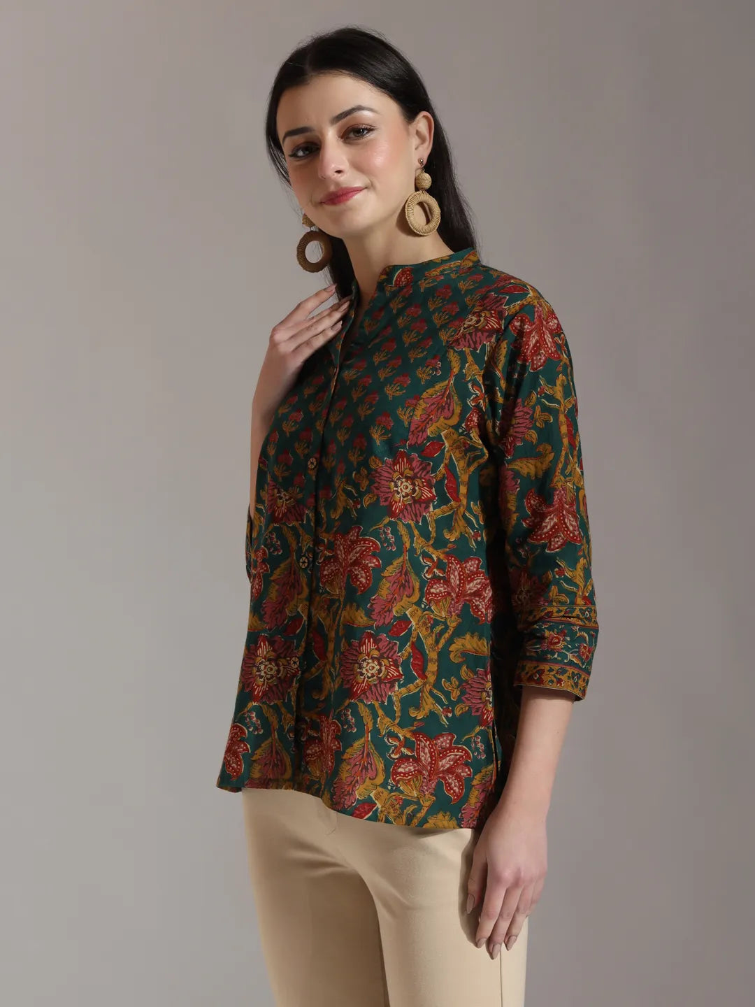 Green Pure Cotton Shirt Style Top