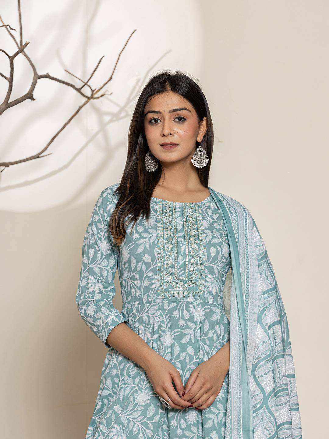 Green Sequins Workthread Work Cotton Anarkali Kurta And Trouser With Dupatta