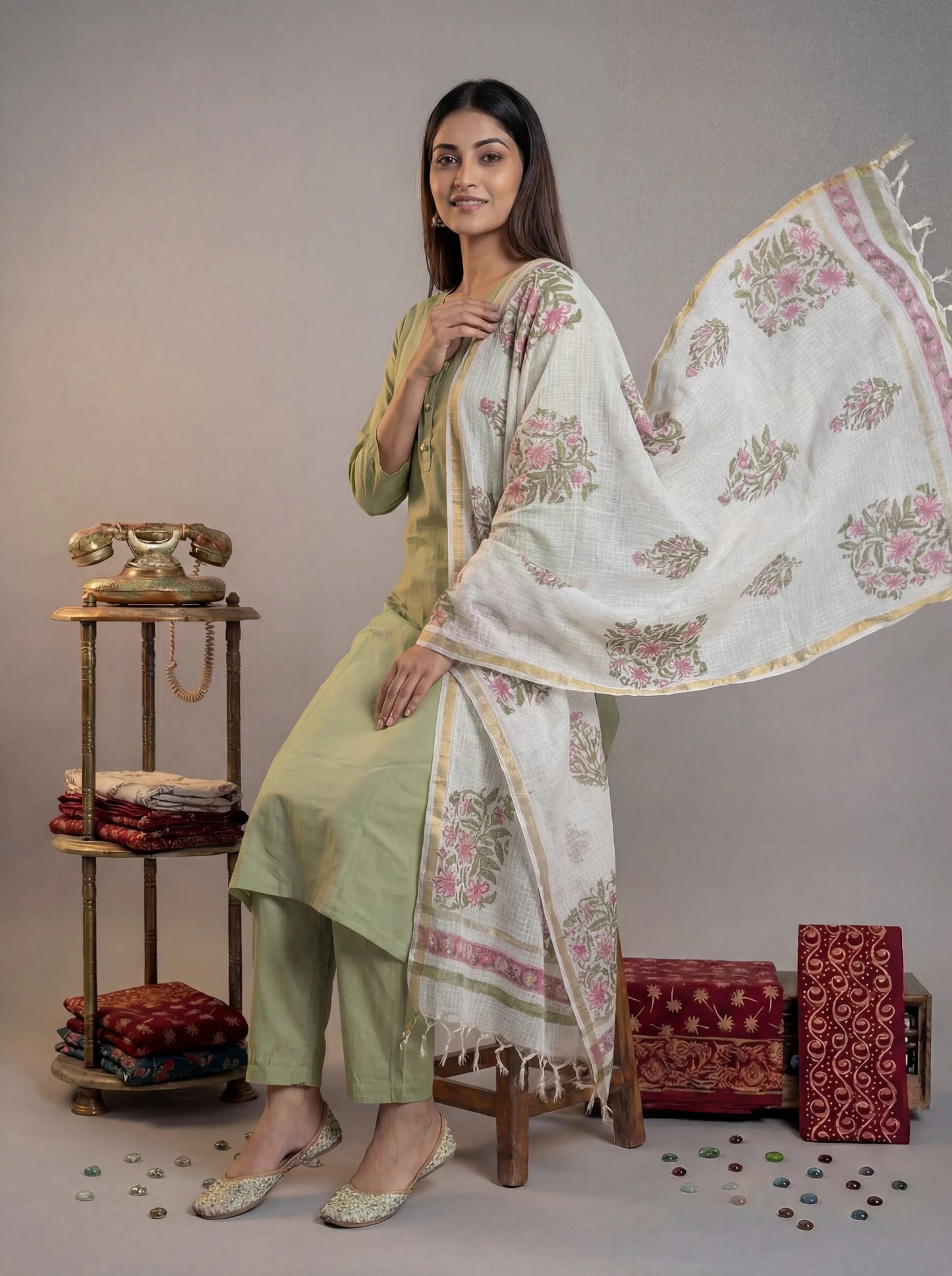 Silk Blend Straight Kurta Pant With Handblock Print Kota Doriya Dupatta Set