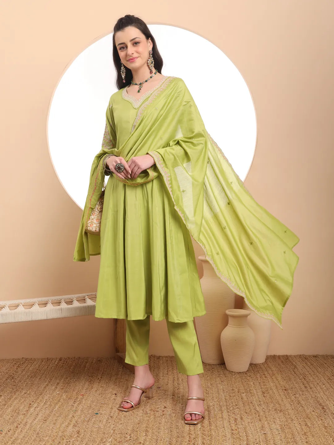 Green Silk Dori Embroidery Anarkali Kurta Dupatta Pant Set