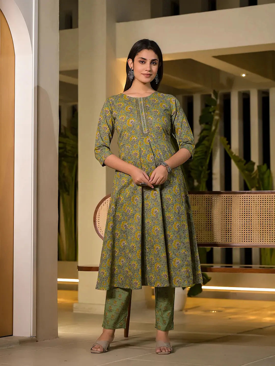 Green Thread Work Cotton Anarkali Style Kurta And Trousers With Dupatta Set