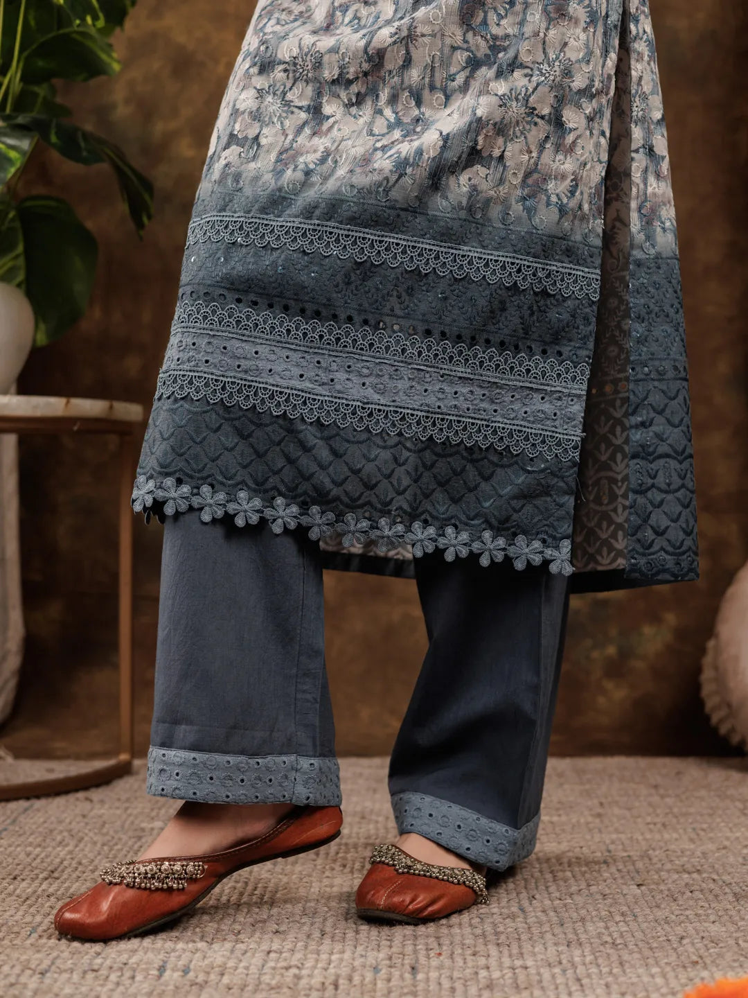 Grey Cotton Schiffli Kurta Dupatta Set With Lace Detailing