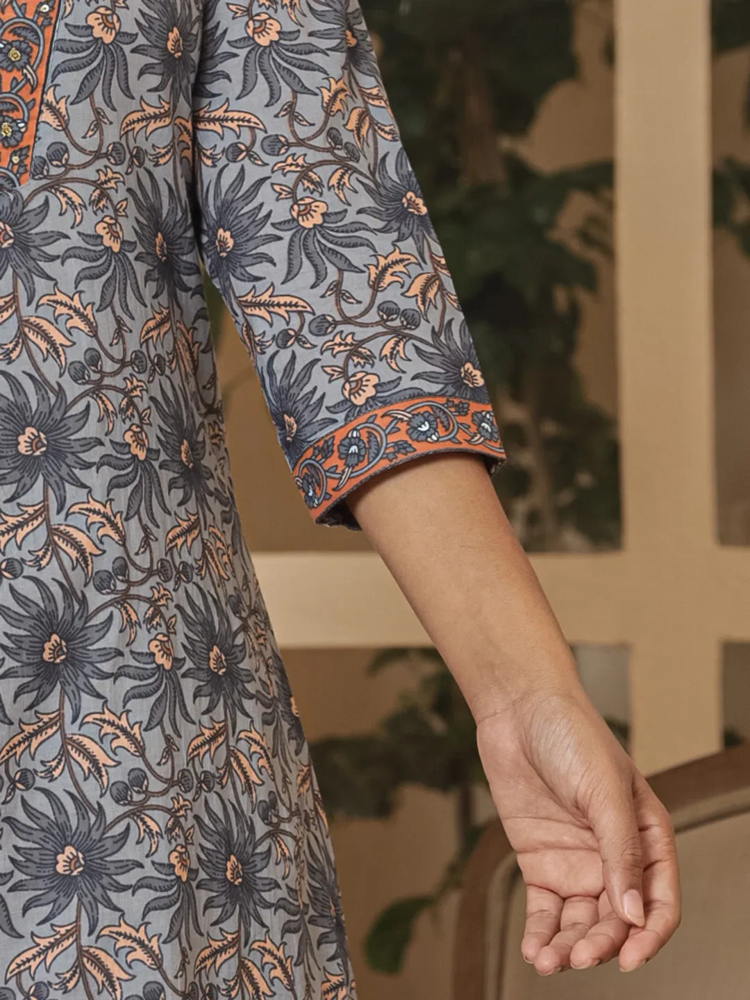 Grey Cotton Sequins Work Kurta Dupatta Set