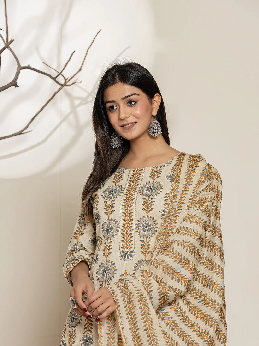 Grey Floral Print Cotton Straight Kurta Dupatta Set