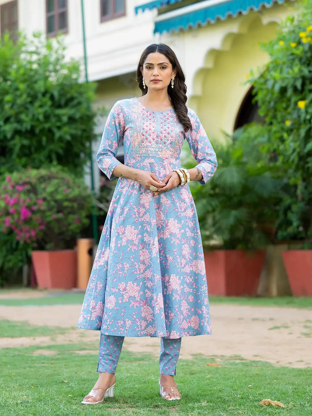 Grey Zari Work Anarkali Kurta Pant Dupatta Set