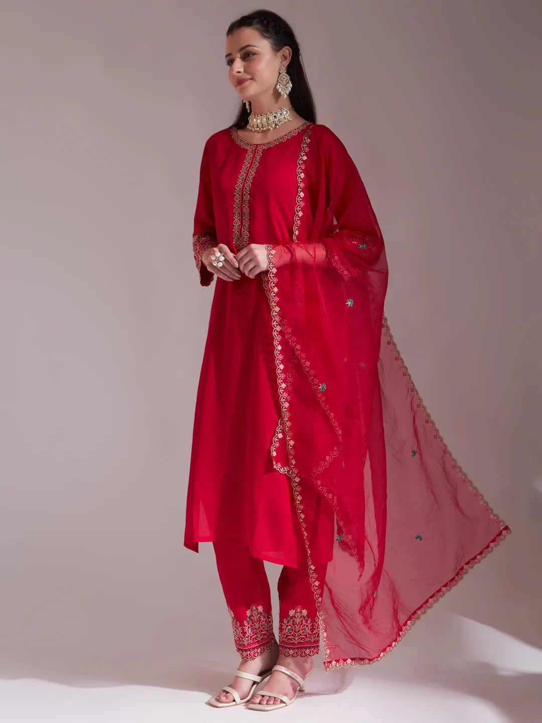 Hot Pink Embroidered Kurta With Pant And Dupatta Comes With Cotton Lining