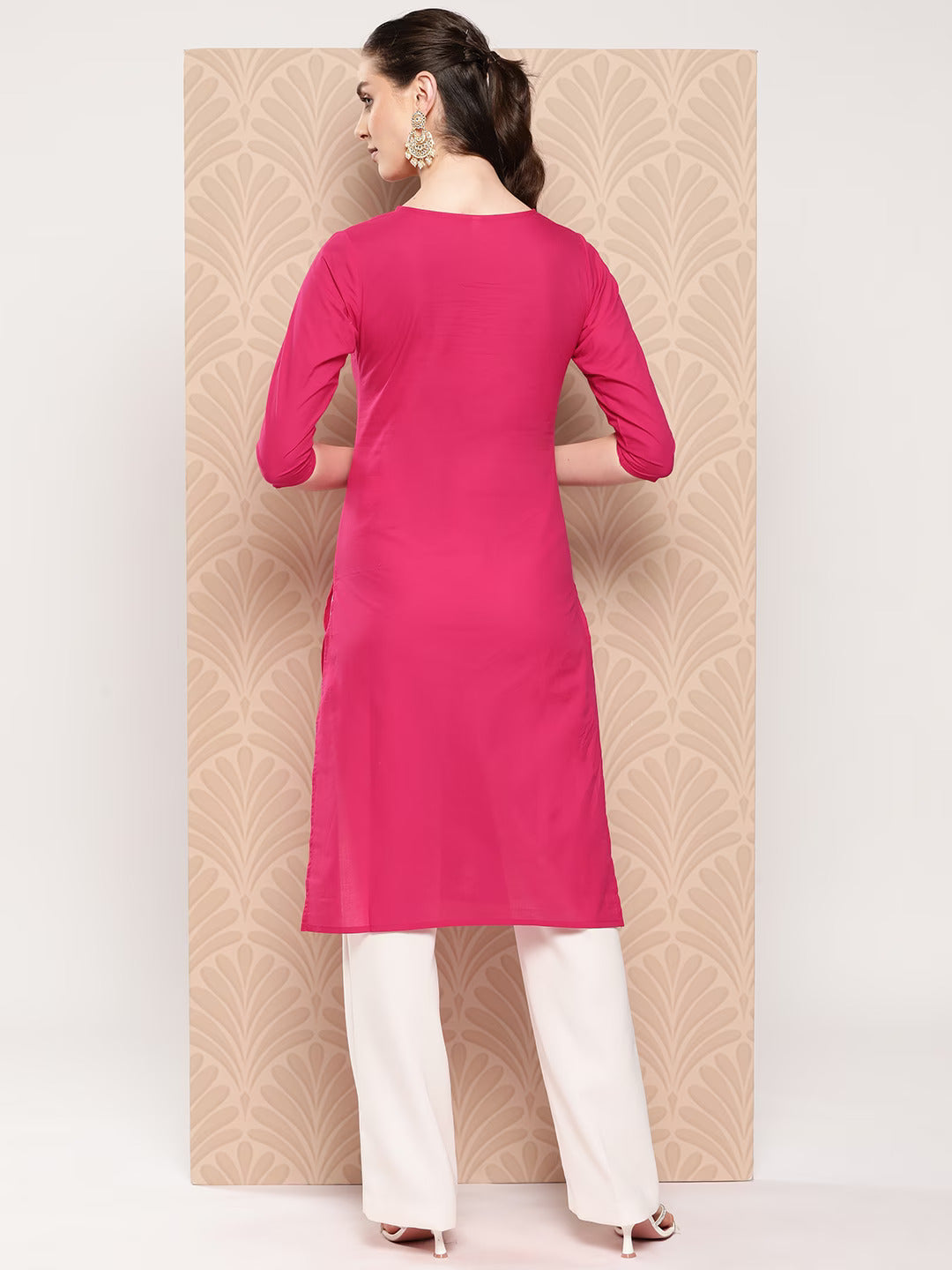 Hot Pink Floral Embroidered Pure Cotton Kurta