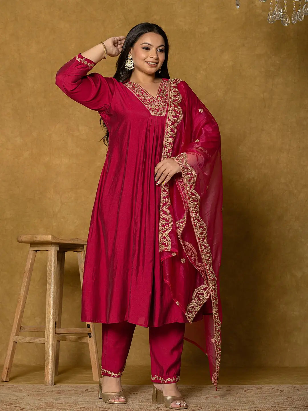 Hot Pink Silk Embroidered Plus Size Kurta Dupatta Set
