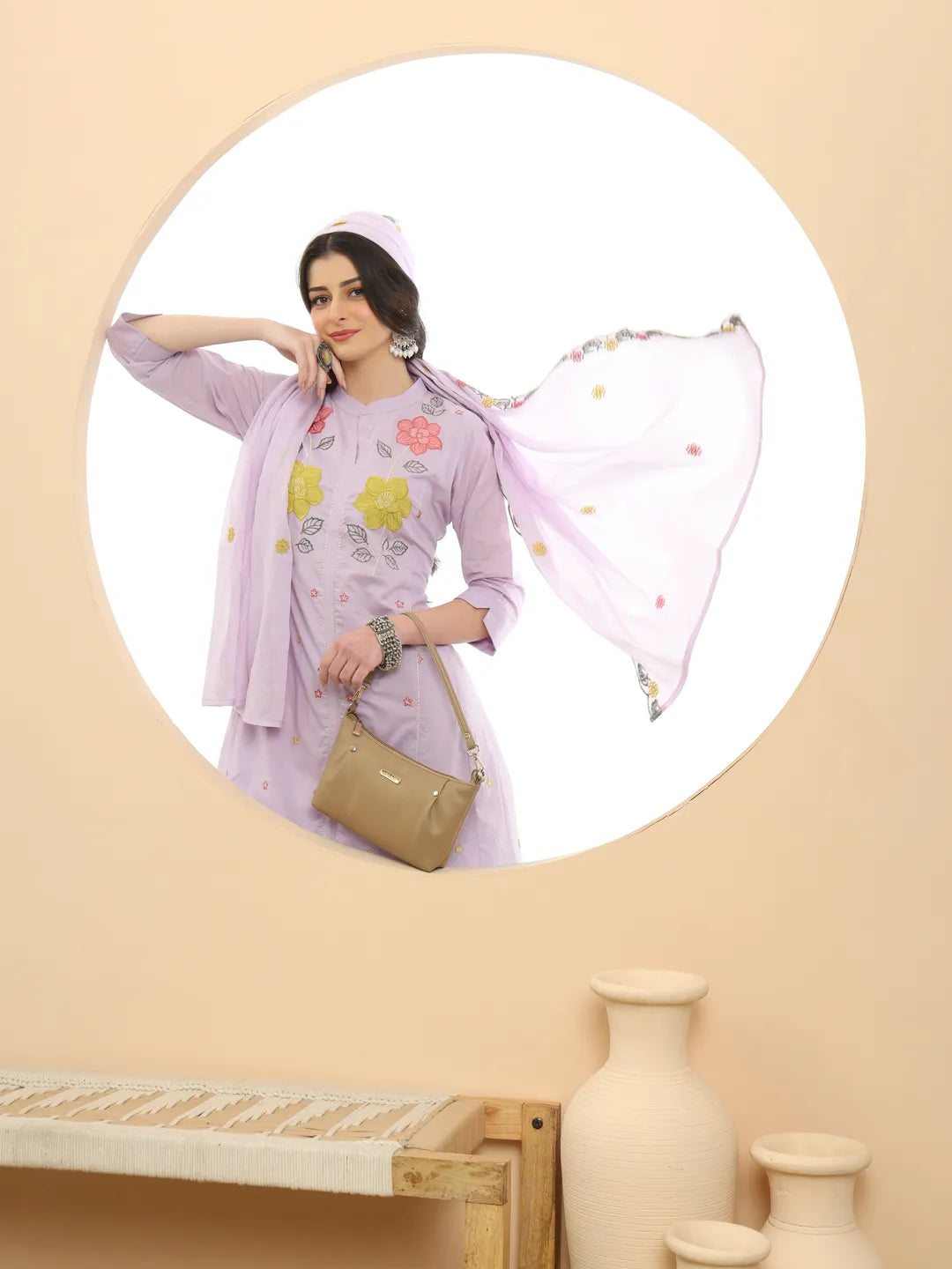 Lavender Pure Cotton A-Line Embroidered Kurta Dupatta Set