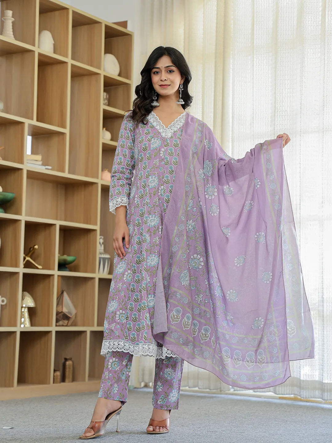 Lavender Pure Cotton Anarkali Kurta Dupatta Set With Lacework